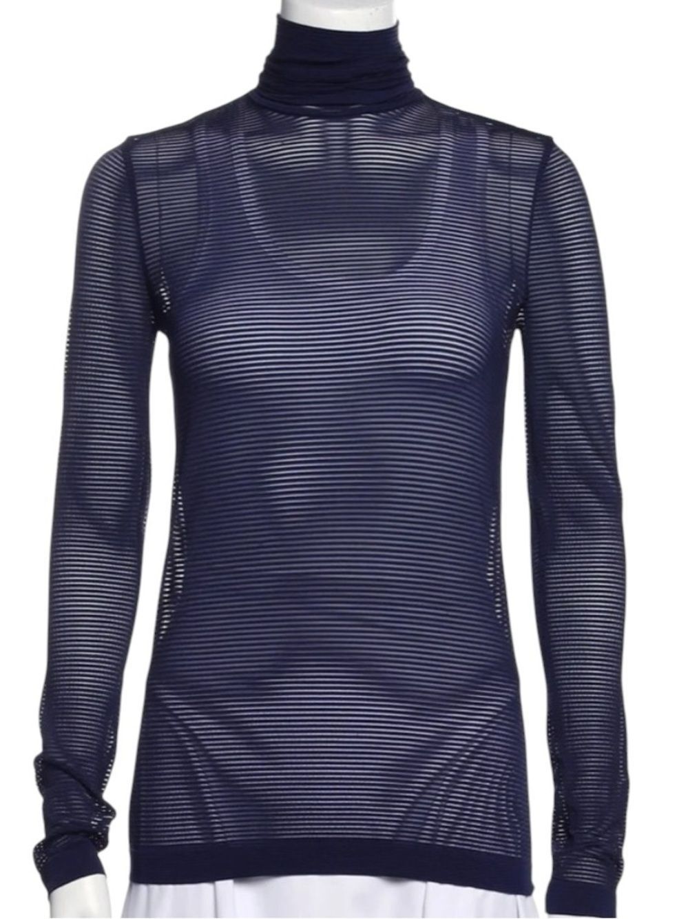 Wolford Navy Sheer Stripe Turtleneck Long Sleeve Top XS